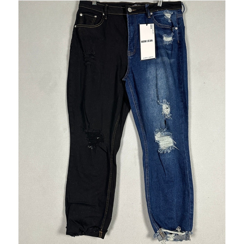 NEW Almost Famous Mom Jeans Womens 13 Black Blue Split Distressed Stretch Denim